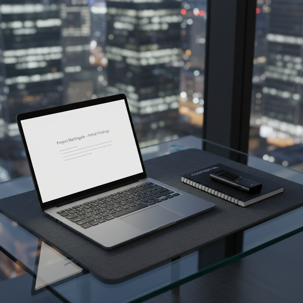 An open laptop with a thin, brushed aluminum body displaying a clean, text-centered document on its screen, placed on a charcoal-gray felt desk mat. Beside it lies a slim black reporter’s notebook with a coiled spine, its cover slightly creased, and a sleek metal voice recorder with a small red recording light. The ensemble rests on a minimalist glass desk overlooking a nighttime cityscape of softly glowing office towers and scattered streetlights, visible through a large window. Cool, dim ambient light from the city mixes with the laptop’s gentle white screen glow, creating a sophisticated, modern mood. Shot from a three-quarter angle with moderate depth of field, everything on the desk is in crisp focus while the city fades into soft blur, emphasizing the quiet intensity of investigative writing.