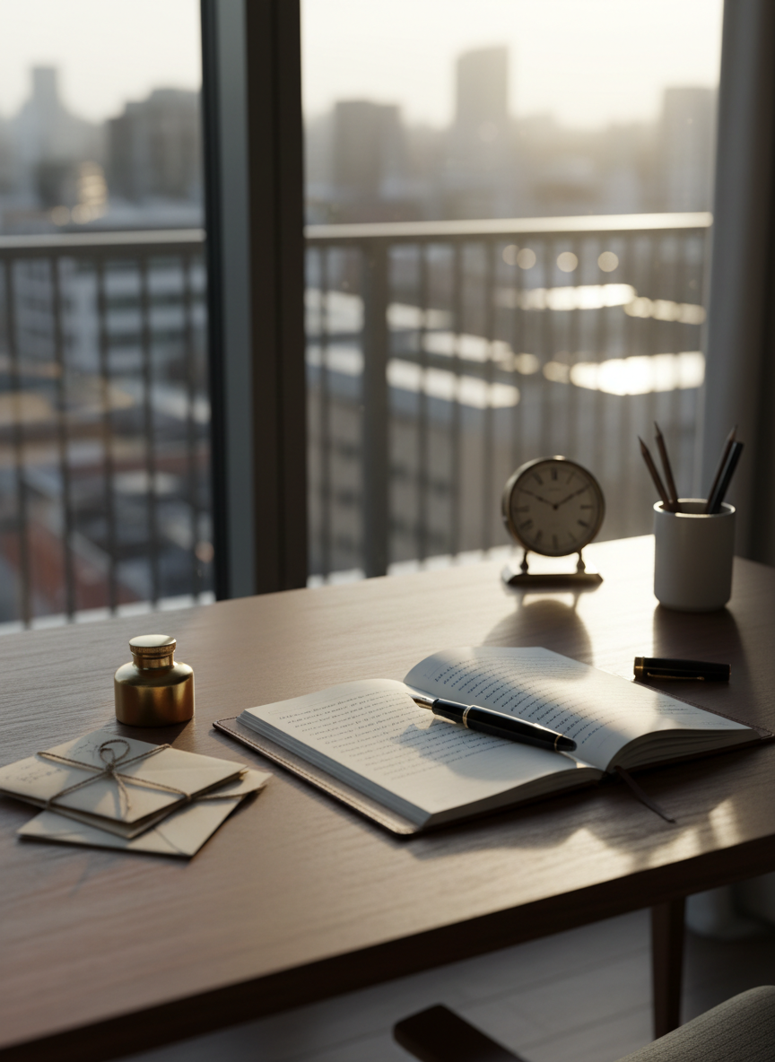 A meticulously organized wooden writing desk with a deep walnut finish, its surface holding a slim, open leather-bound notebook filled with neat handwritten lines, a fountain pen with a black lacquer barrel resting across the page. The desk stands near a tall window in a quiet urban apartment, with blurred city buildings visible outside. Soft morning light pours in, casting long, elegant shadows and subtle reflections on the polished wood. Shot at eye level with a shallow depth of field, the notebook is sharply in focus while the background dissolves into creamy bokeh. The mood is sophisticated, contemplative, and calm, captured in clean photographic realism with a modern, minimalist composition that emphasizes the craft of writing and reportage.