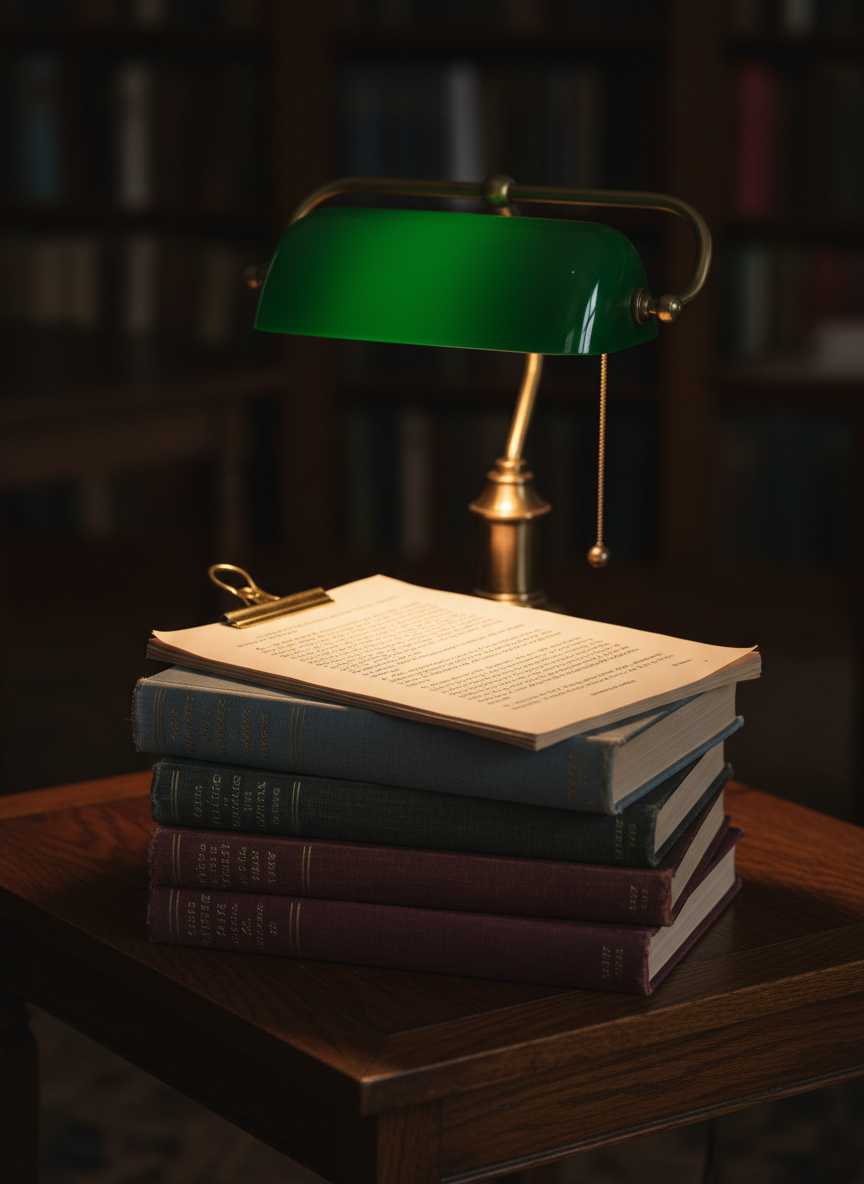 A stack of well-worn hardcover books with textured cloth spines in muted blues, grays, and burgundies, each embossed with subtle gold titles, arranged neatly on a dark oak side table. A single printed manuscript, pages clipped with a brass binder clip, rests on top, corners slightly curled from use. Behind the stack, an antique brass banker’s lamp with a green glass shade casts warm, focused light that pools across the paper, leaving the rest of the room gently dim. Captured from a slightly elevated angle in realistic photographic style, the scene is framed using the rule of thirds. The atmosphere feels scholarly, refined, and quietly intense, evoking the disciplined sophistication of a professional writer and reporter reviewing their work late into the evening.